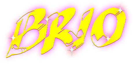Letters B, R, I, O, in yellow with a swift tilt and magenta glow.